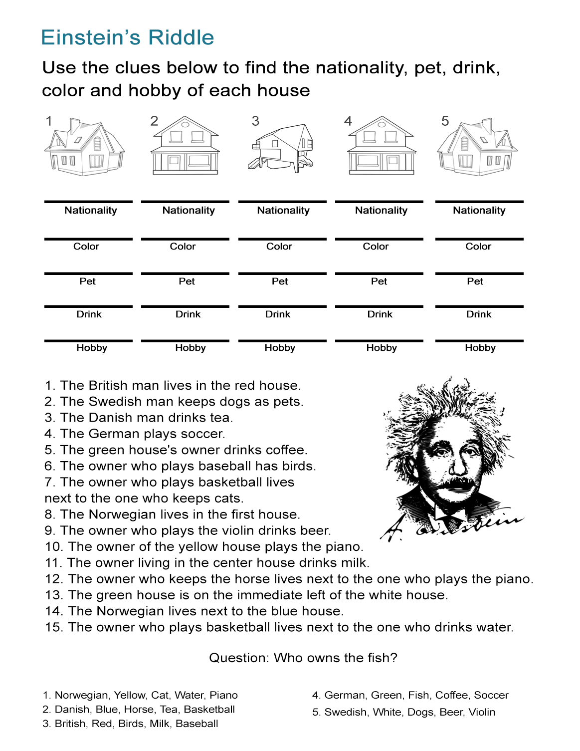 Einstein&amp;#039;s Riddle: Detective-Style Logic Activity - All Esl - Printable Zebra Puzzle