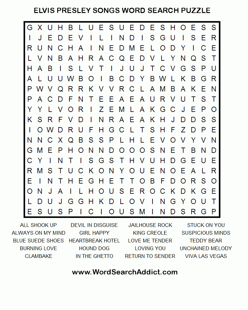 Elvis Songs Printable Word Search Puzzle - Printable Crossword Puzzles About Cars