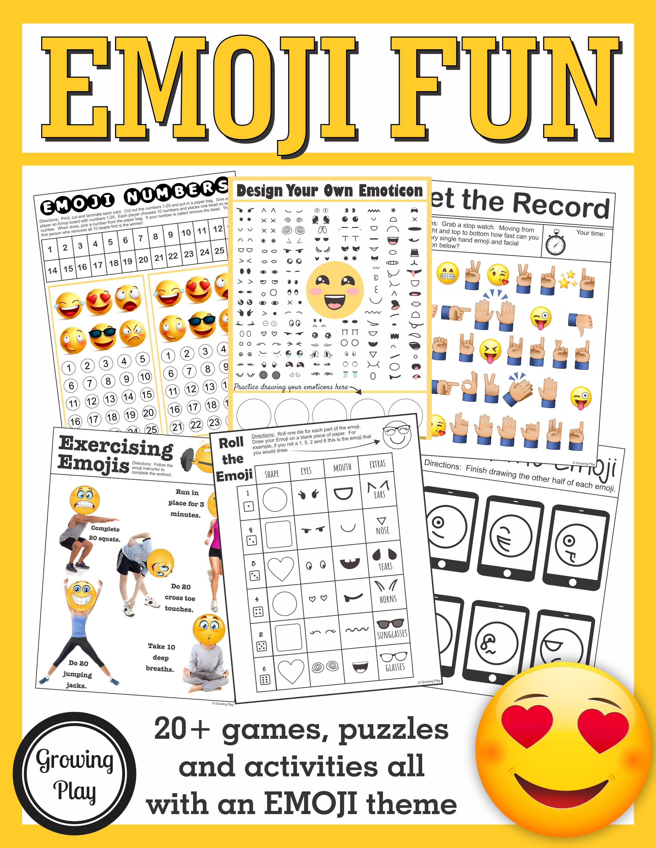 Emoji Games And Puzzles Packet Emoji Birthday Parties - Growing Play - Printable Puzzle Packet