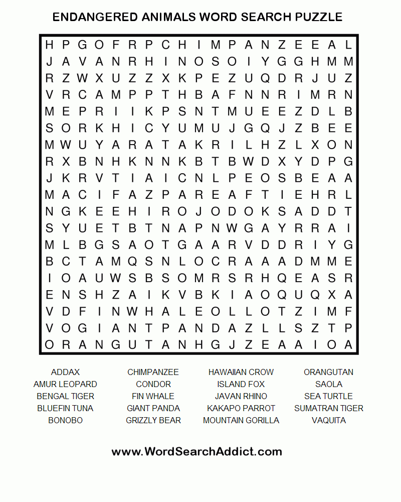 Endangered Animals Word Search Puzzle | Coloring &amp;amp; Challenges For - Wildlife Crossword Puzzle Printable