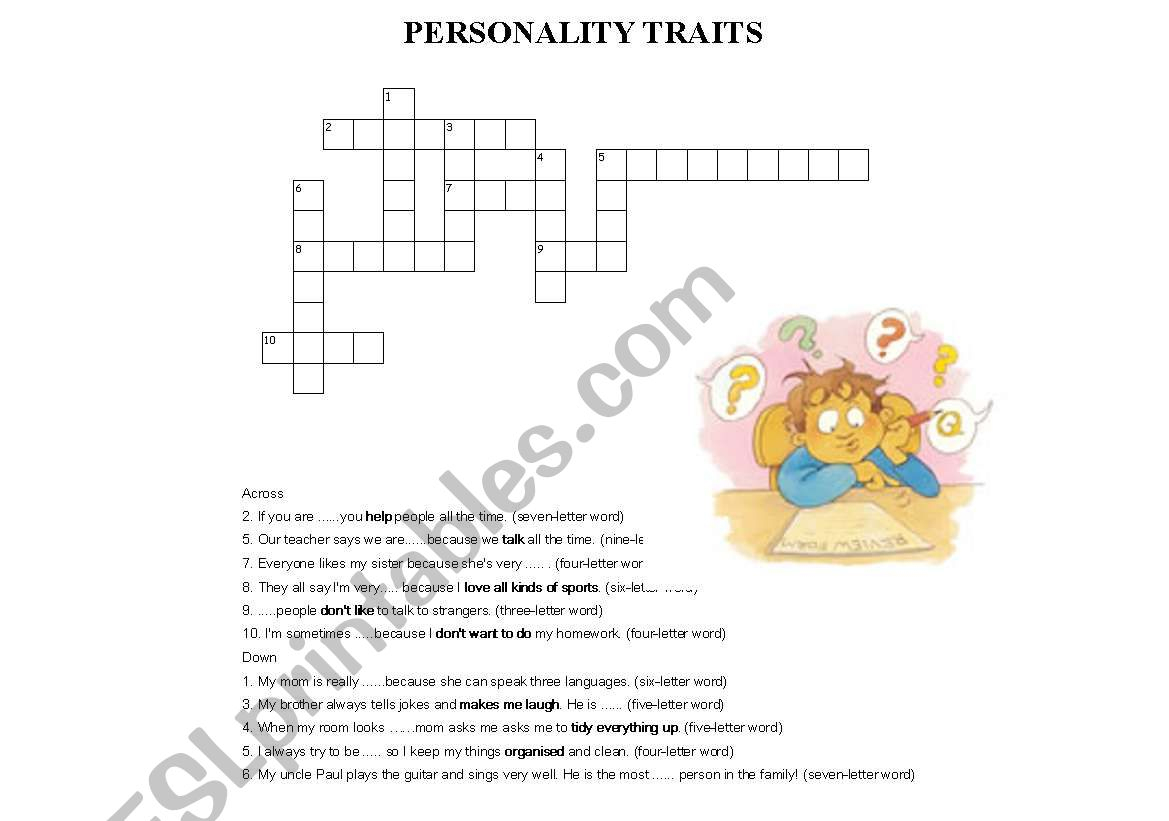 English Worksheets: Personality Traits -Crossword Puzzle - Printable Character Traits Crossword Puzzle