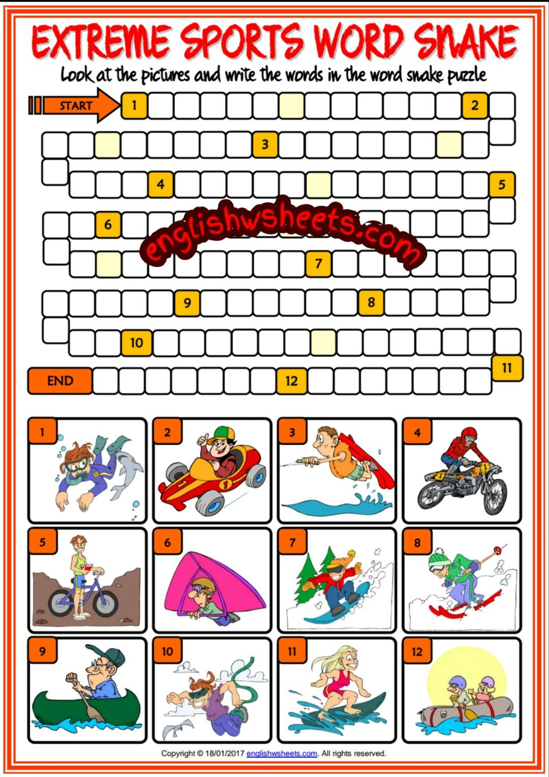 Extreme Sports Esl Printable Word Snake Puzzle Worksheet For Kids - Printable Esl Puzzles