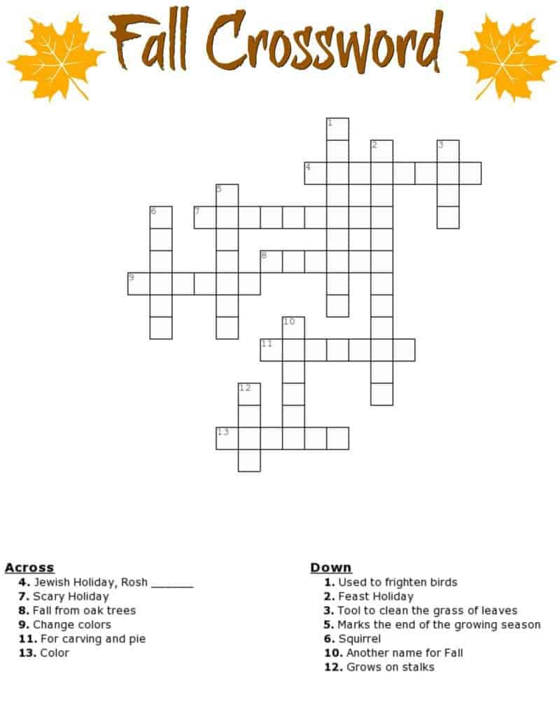 Fall Crossword Puzzle Free Printable Worksheet - Printable Crossword Puzzles With Word Bank