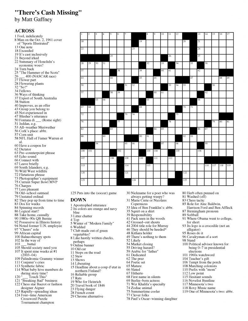 February 2013 Matt Gaffney #39 s Weekly Crossword Contest Printable