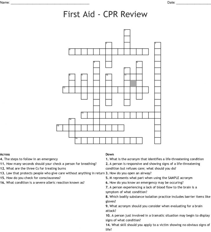 Printable Crossword Puzzle First Aid