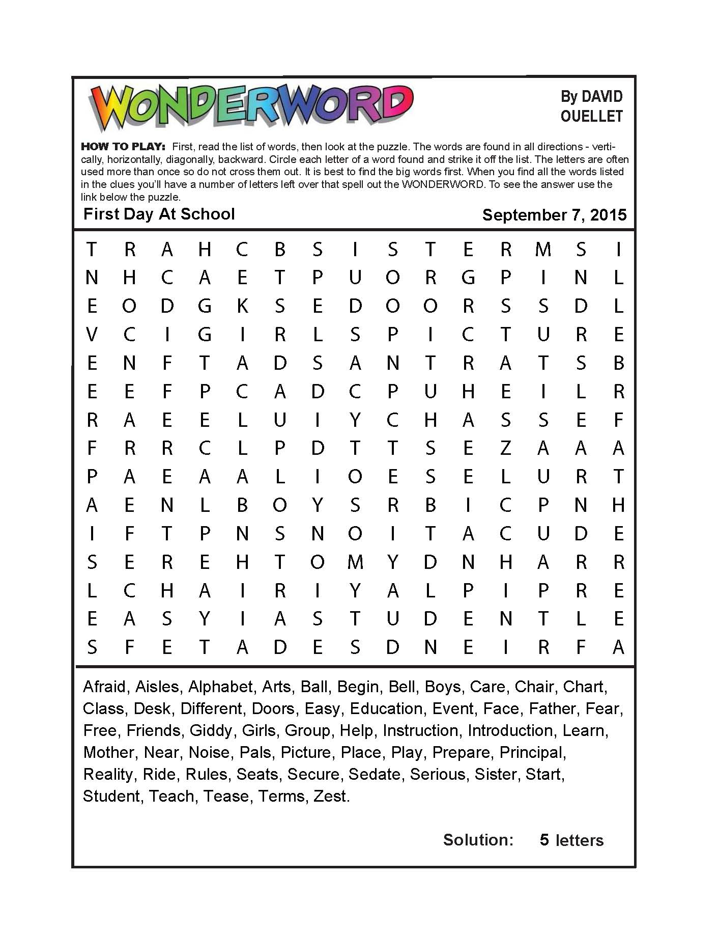 First Day At School - Printable Wonderword Puzzles Download