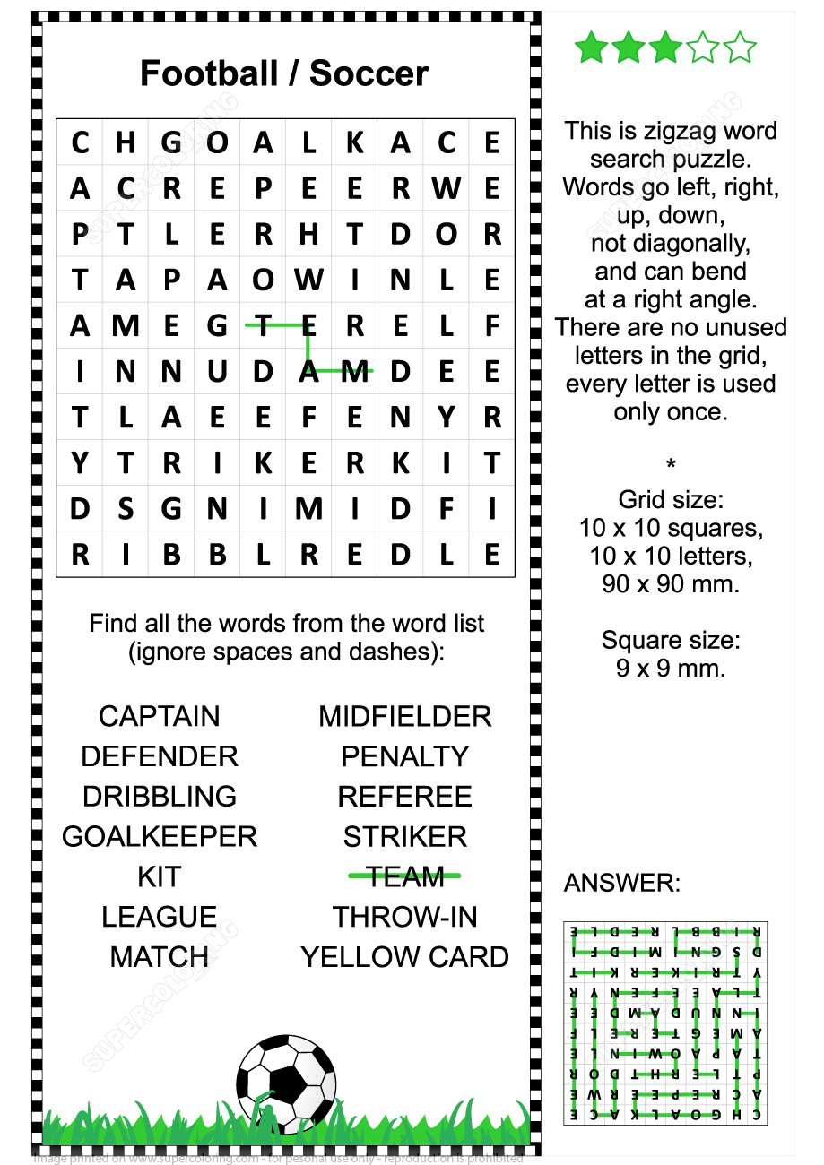 Football Soccer Zigzag Word Search Puzzle For Kids And Adults | Free - Printable Crossword Puzzles Soccer