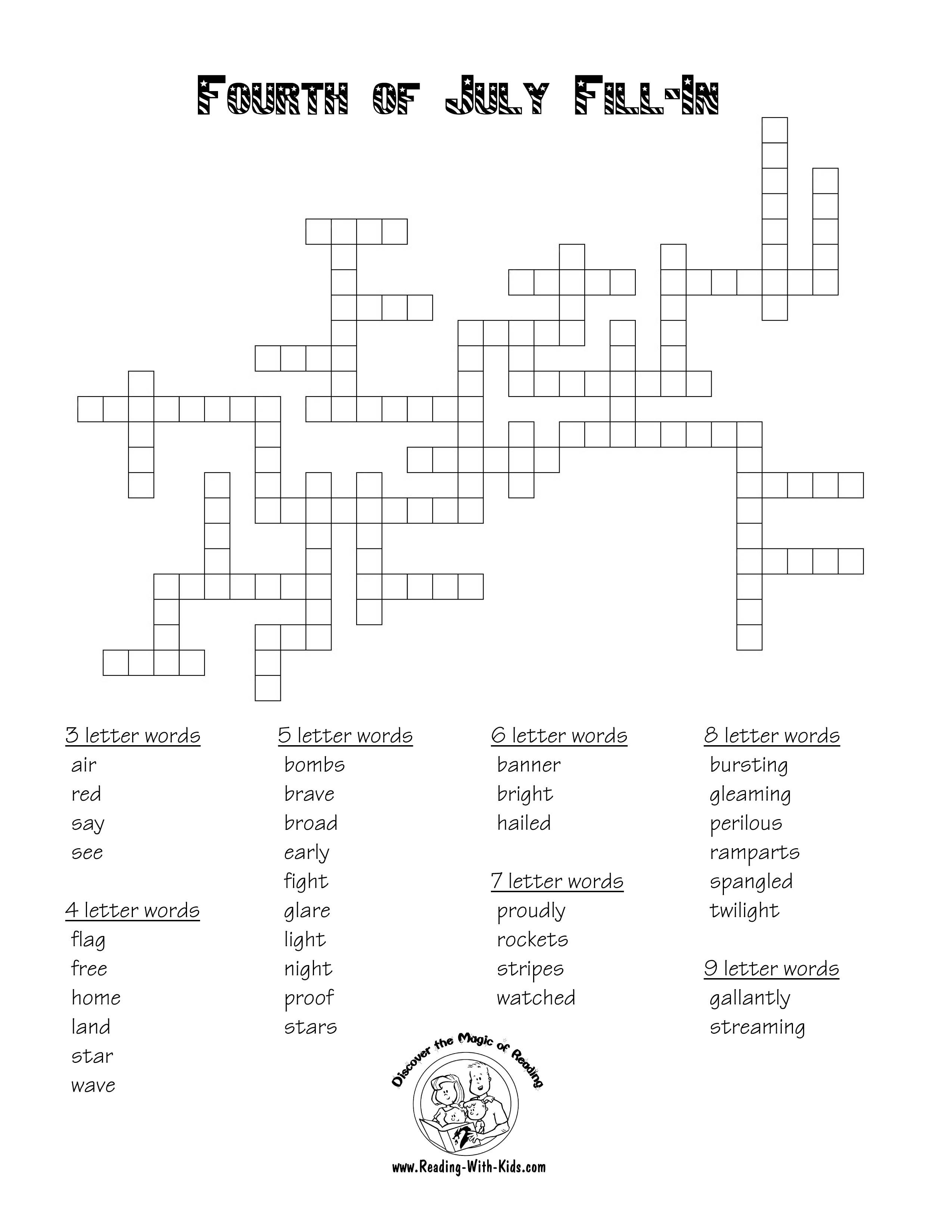 Fourth Of July Fill-In | Independence Day | Fill In Puzzles - 9 Letter Word Puzzle Printable
