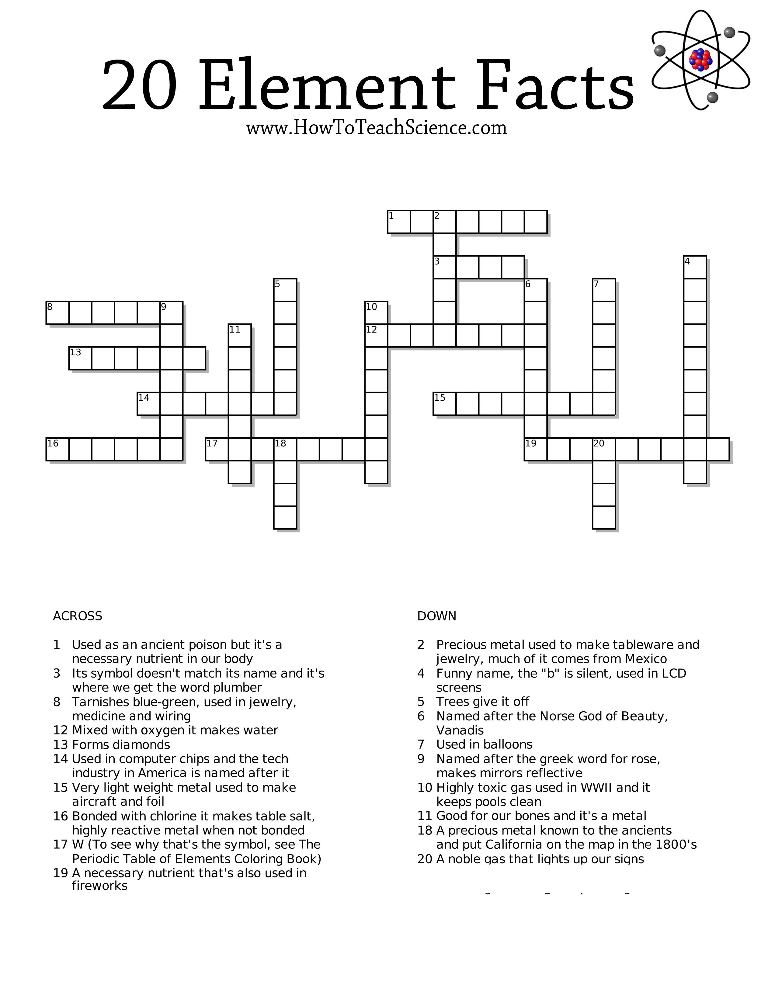 Free Crossword Printables On The Elements For 3Rd Grade Through High - Crossword Puzzle Chemistry Printable