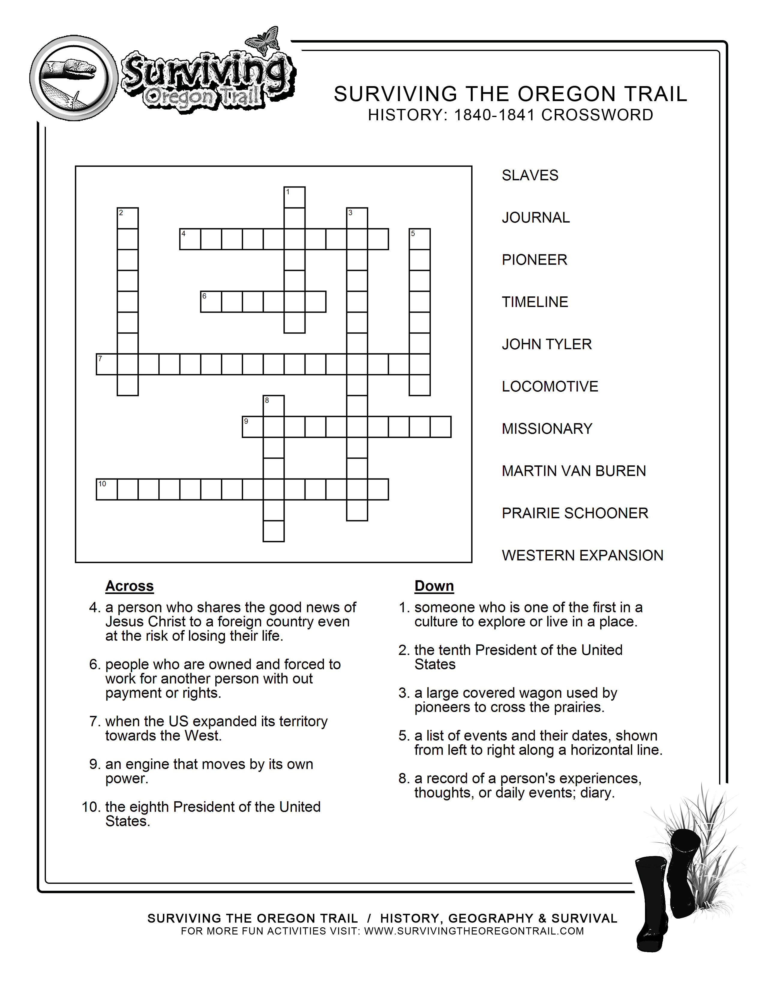 Free Crosswords Puzzle – History 1840-41 (A) – Surviving The Oregon - Printable History Crossword