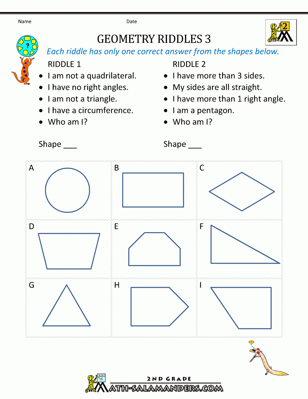 Free Geometry Worksheets 2Nd Grade Geometry Riddles - Printable Geometry Puzzles