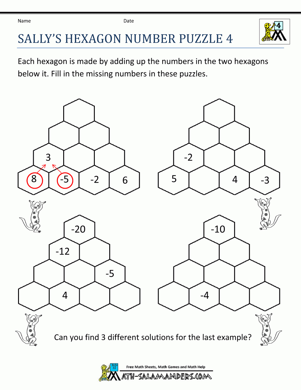 Free Math Puzzles 4Th Grade Printable Sallys Hexagon Number Puz - Printable Hexagon Puzzle