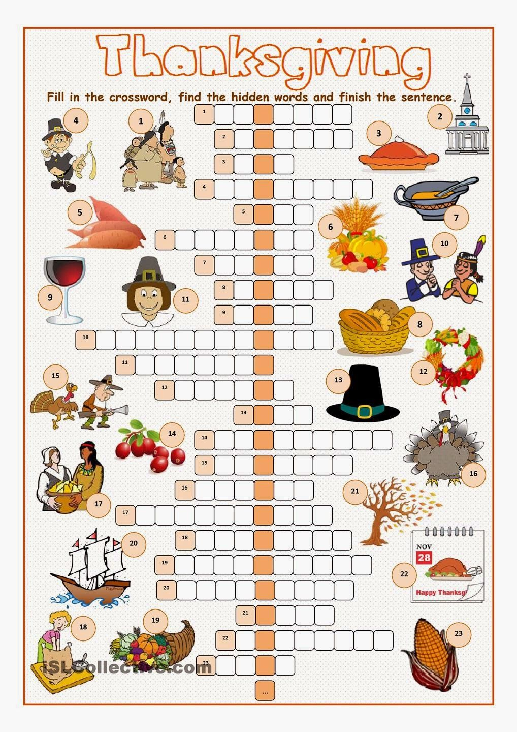 Free Printable Cards: Free Printable Crossword Puzzles - Free Printable Crossword Puzzles Thanksgiving