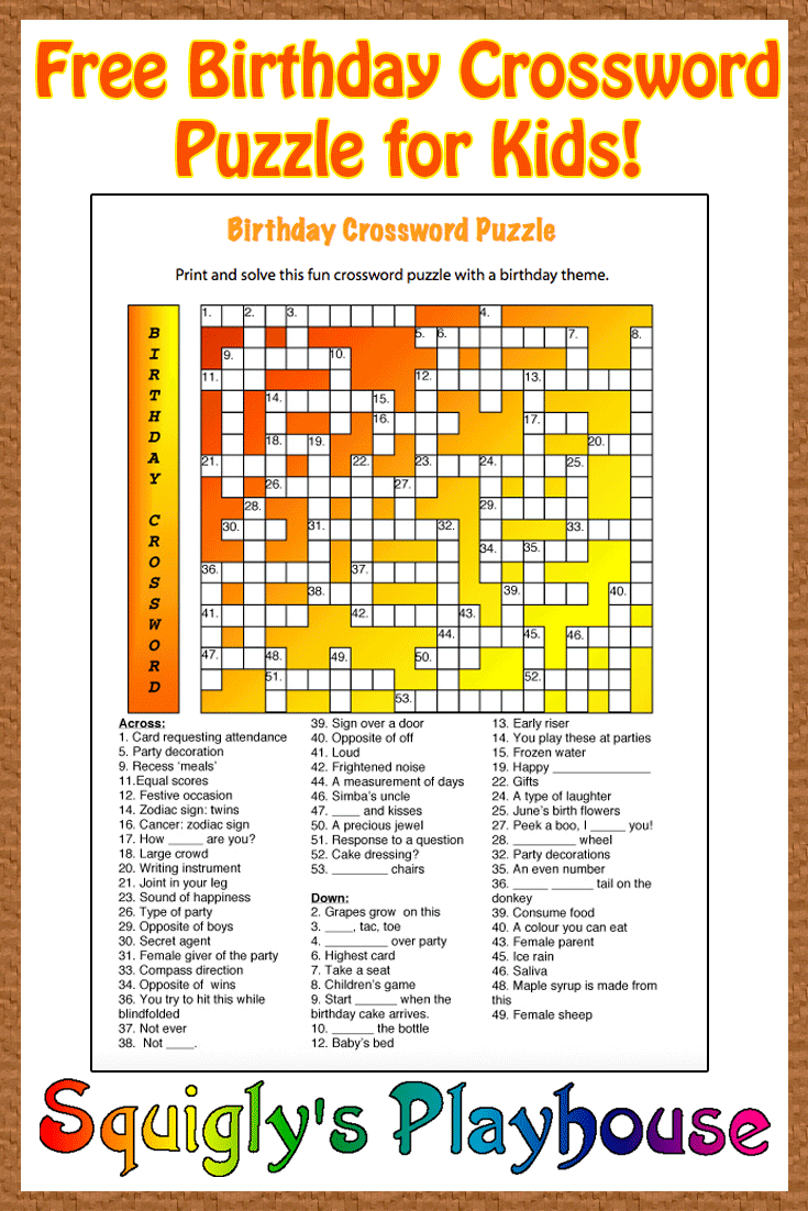 Free Printable Crossword Puzzle For Kids. The Theme Of This Puzzle - Printable Birthday Puzzles
