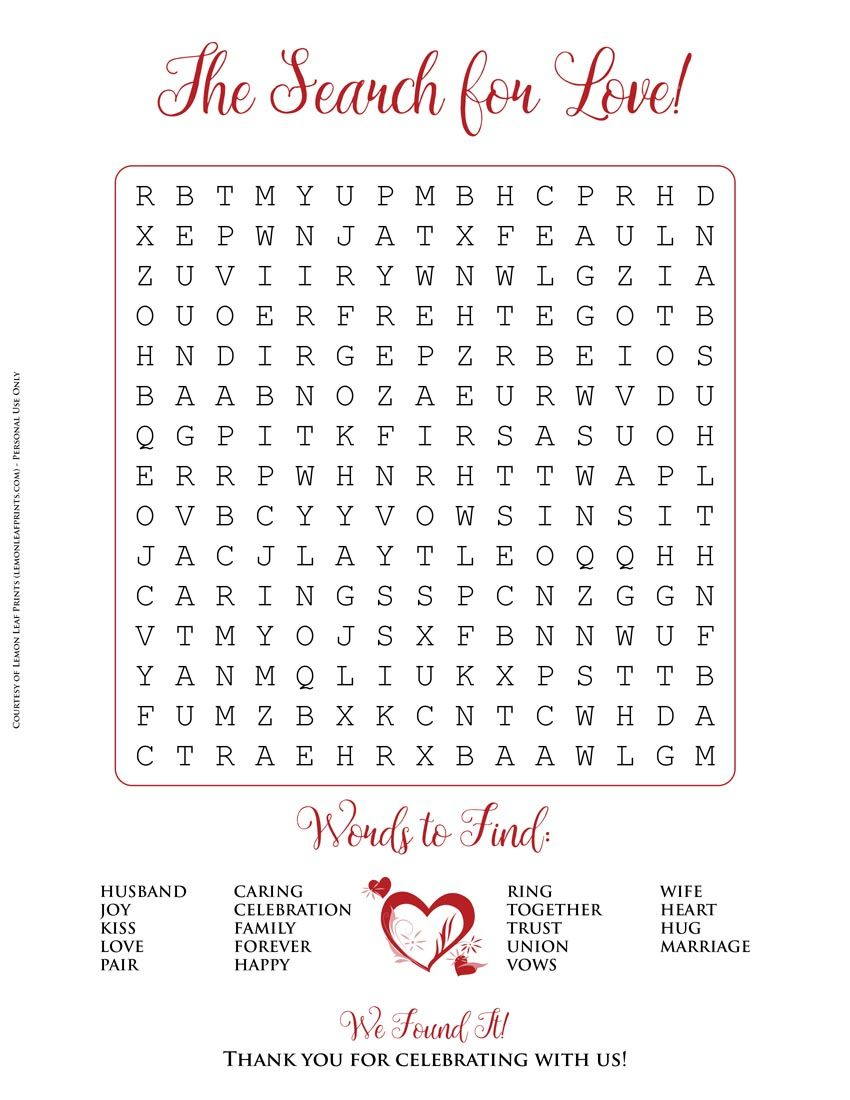 Free Printable - Valentine&amp;#039;s Day Or Wedding Word Search Puzzle In - Free Printable Bridal Shower Crossword Puzzle