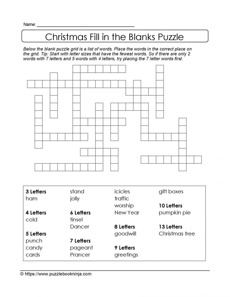 Freebie Xmas Puzzle To Print. Fill In The Blanks Crossword Like - Blank