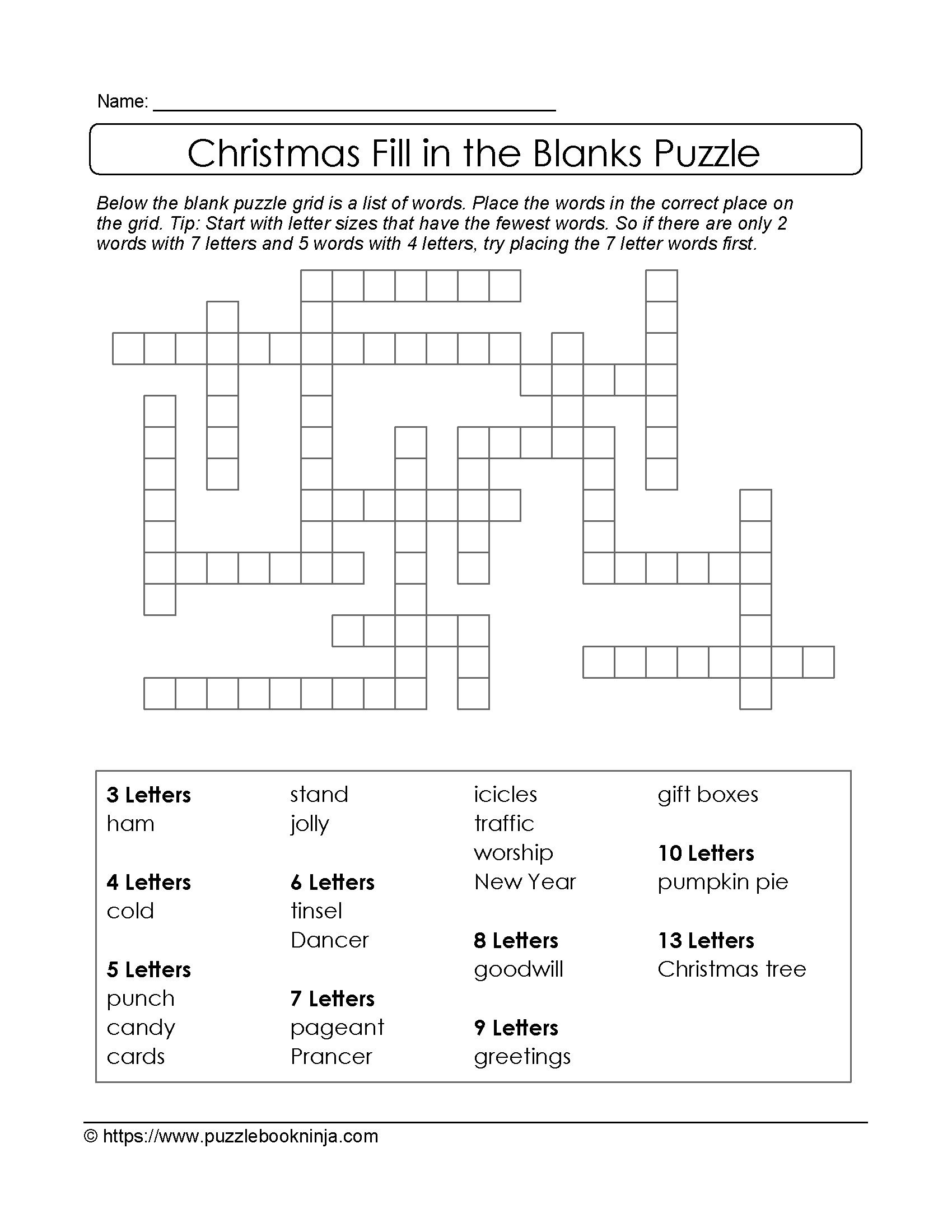Freebie Xmas Puzzle To Print. Fill In The Blanks Crossword Like - English Language Crossword Puzzles Printable