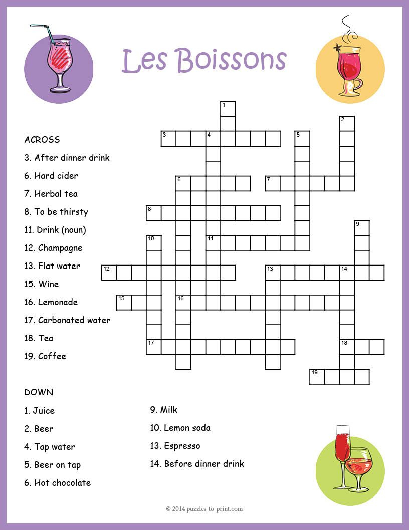 French Food Crossword Puzzle: Les Boissons | Français 5 | Learn - Crossword Puzzles In French Printable