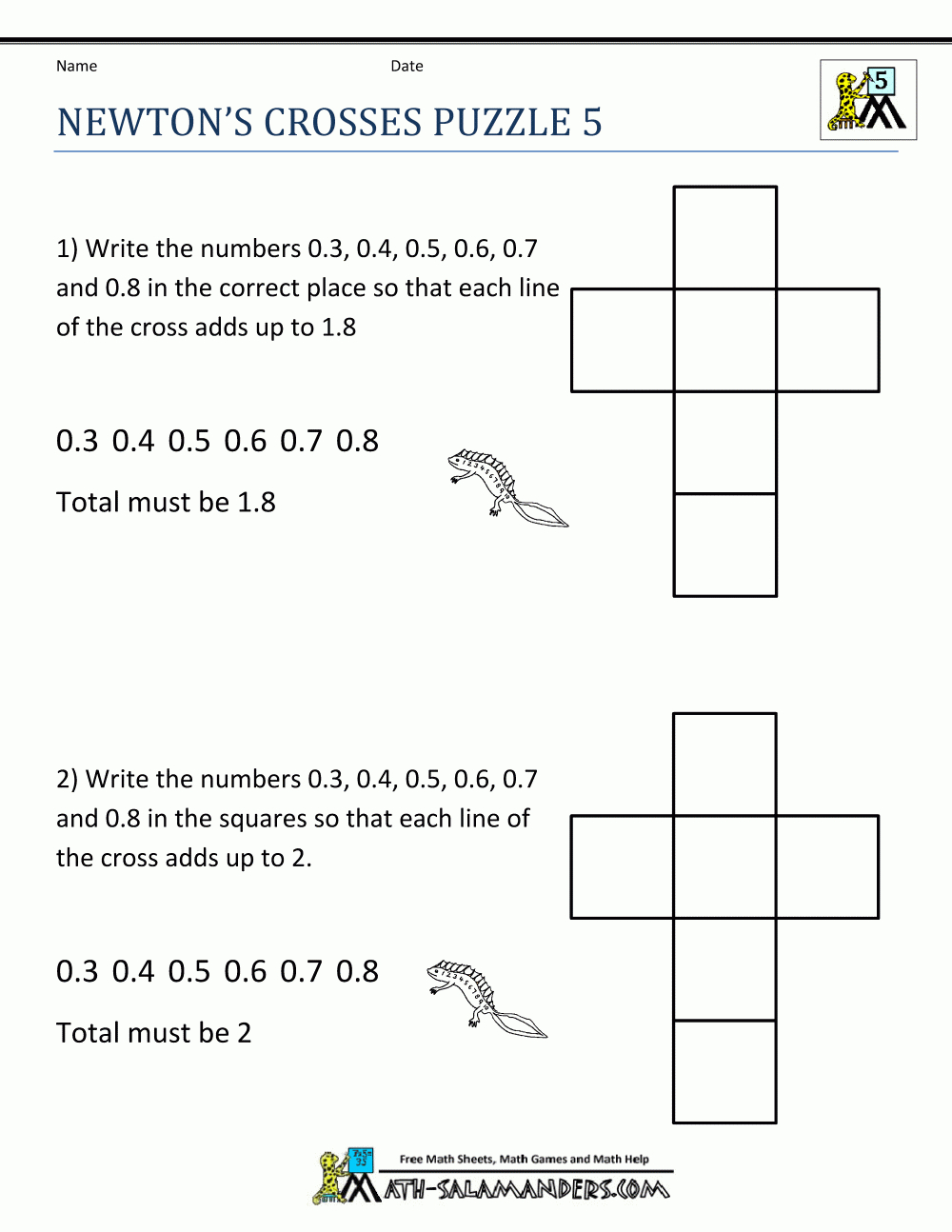 Fun Math Worksheets Newtons Crosses Puzzle 5 | Activities For Kids - Puzzle Worksheet Year 4