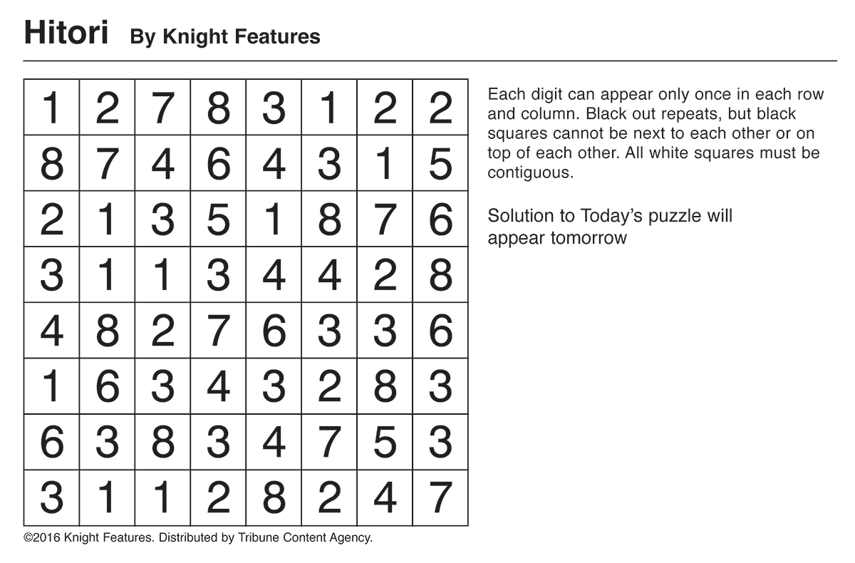 Games And Puzzles | Tribune Content Agency - Printable Hitori Puzzles