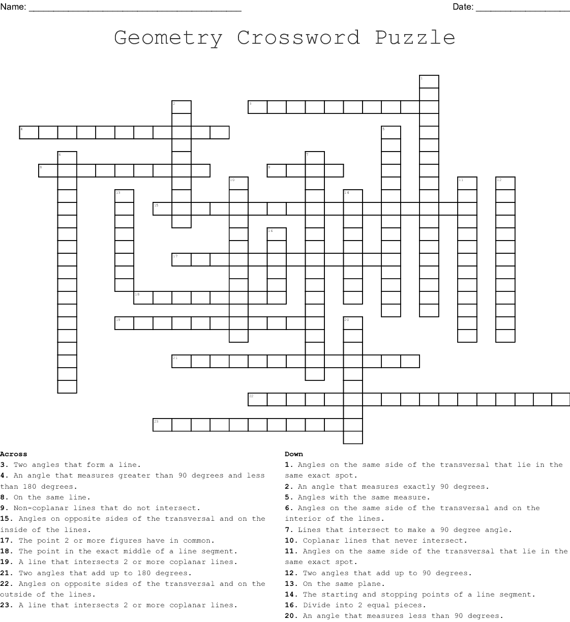 Geometry Crossword Puzzle - Yapis.sticken.co - Geometry Vocabulary Crossword Puzzle Printable