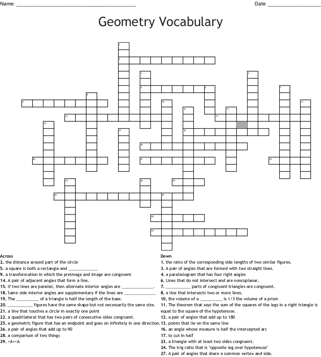 Geometry Vocabulary Crossword Puzzle Printable Printable Crossword 