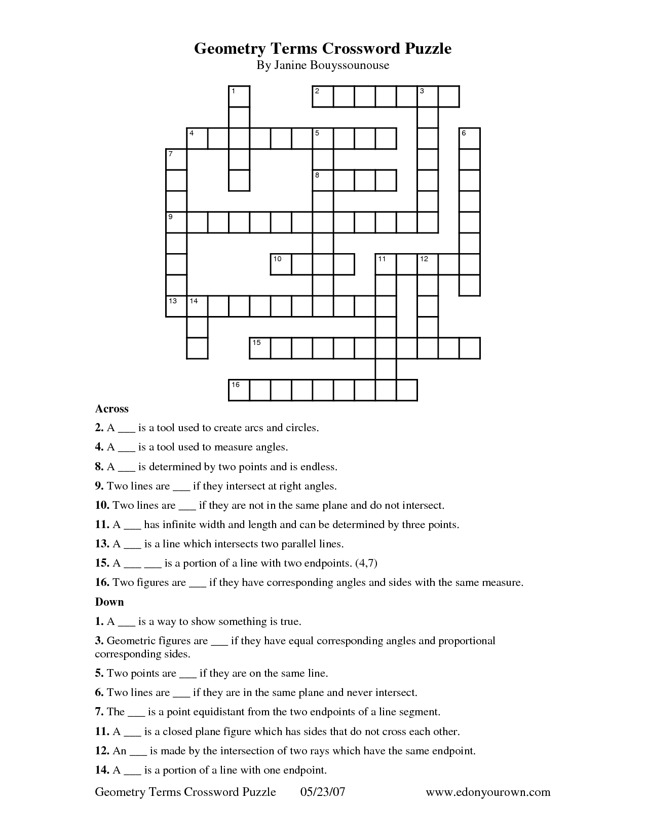 Geometry+Terms+Crossword+Puzzle | Paper Crafts | Crossword, Puzzle - Computer Crossword Puzzles Printable