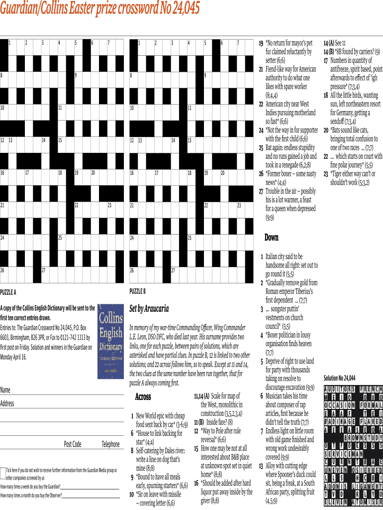 Guardiancollins Easter Prize Crossword No 24045 Fill Online Printable