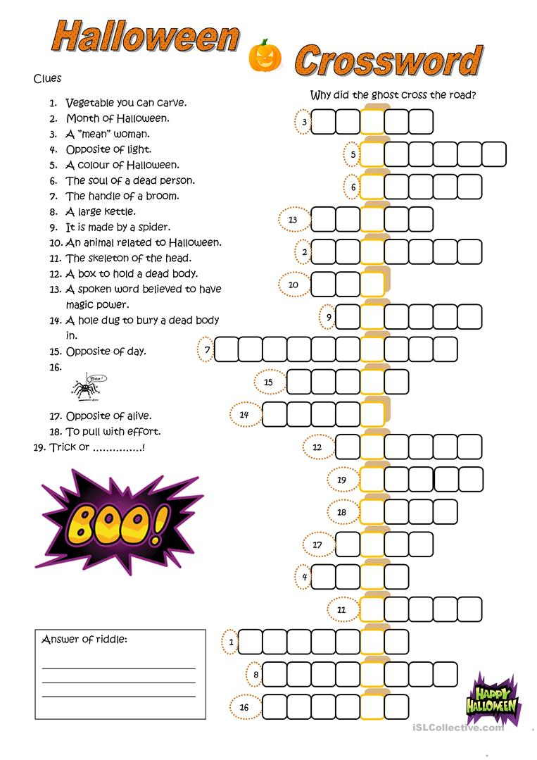 Halloween Crossword Worksheet - Free Esl Printable Worksheets Made - Halloween Crossword Puzzles For Adults Printable