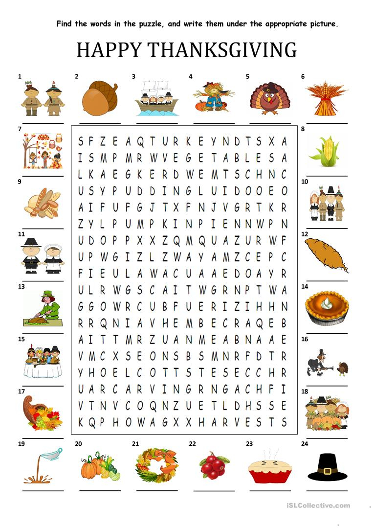 Happy Thanksgiving - Wordsearch Puzzle Worksheet - Free Esl - Printable Thanksgiving Crossword Puzzles For Middle School