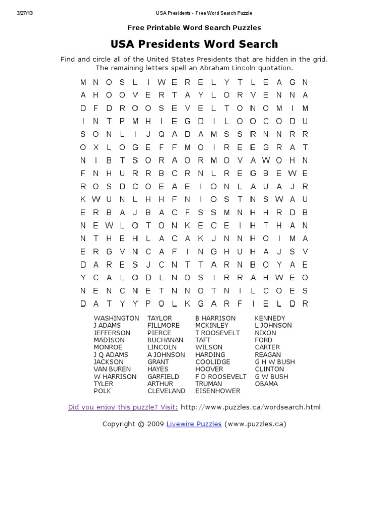 Hard_Usa Presidents - Free Word Search Puzzle - Docshare.tips - Printable Crossword Puzzles Livewire