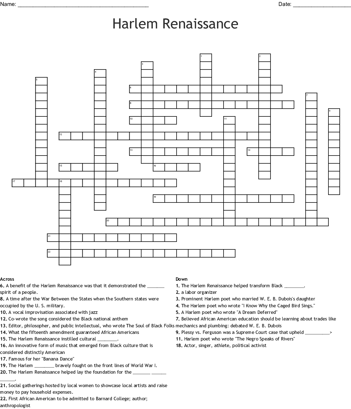 Harlem Renaissance Crossword - Wordmint - Renaissance Crossword Puzzle Printable