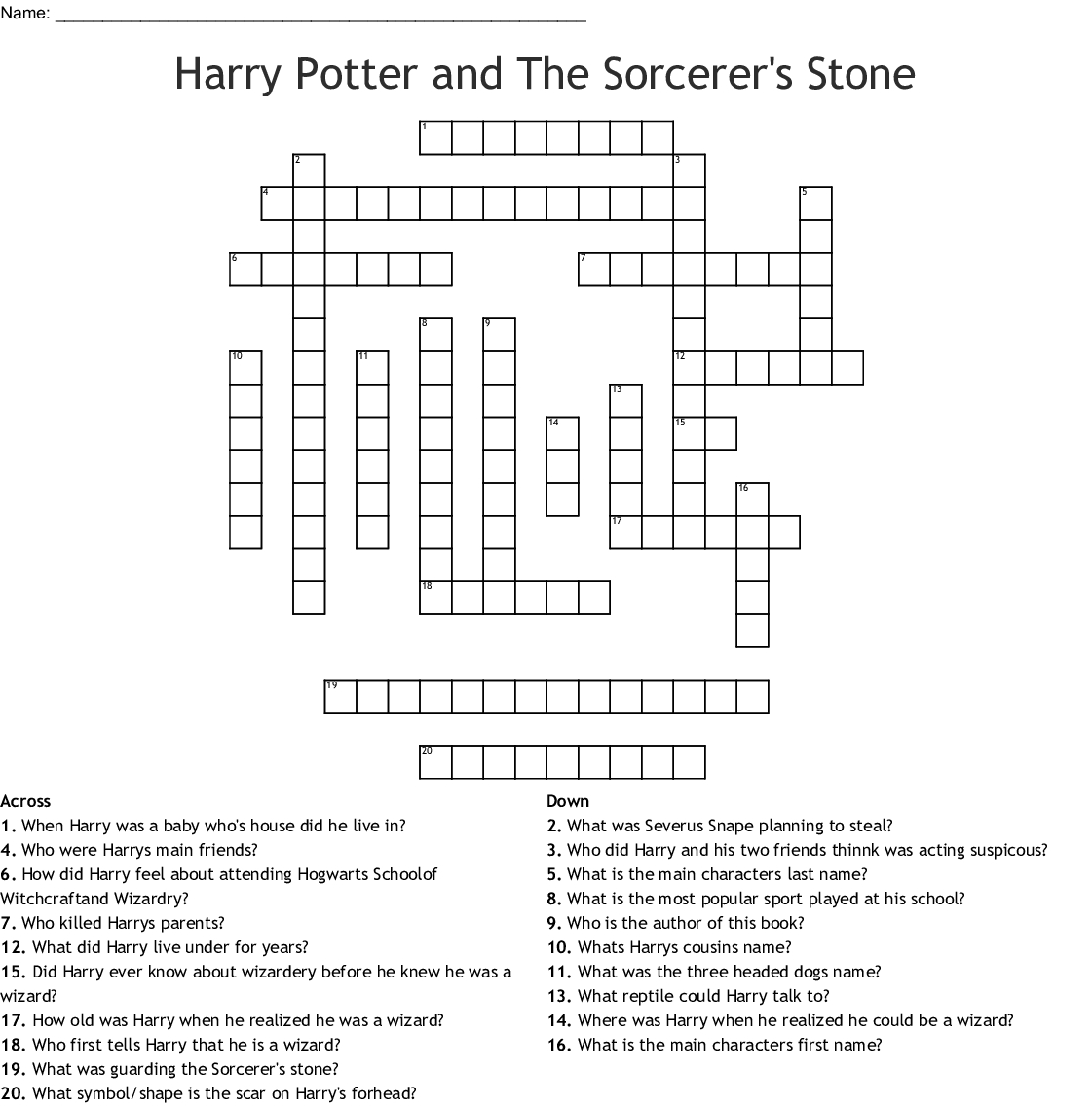 Harry Potter And The Sorcerer's Stone Crossword - Wordmint - Printable Crossword Puzzles Harry Potter