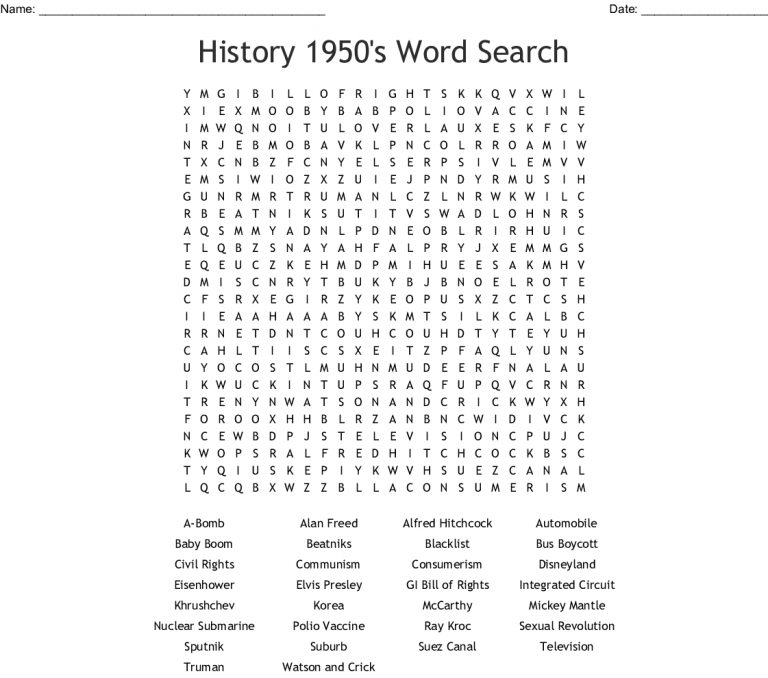 History 1950 s Word Search Wordmint 1950S Crossword Puzzle Printable Printable Crossword