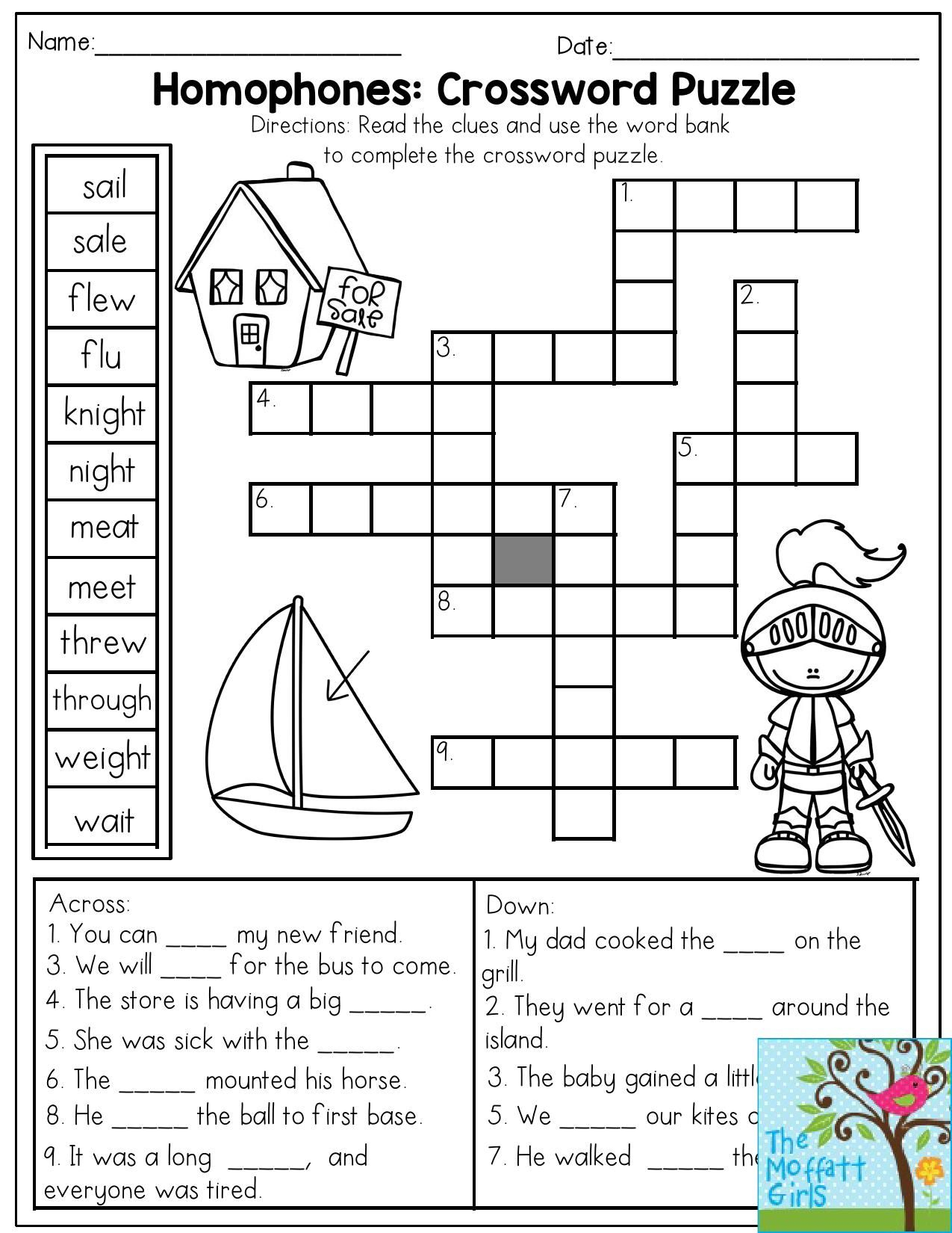 Homophones: Crossword Puzzle- Read The Clues And Use The Word Bank - Printable Compound Word Crossword Puzzle