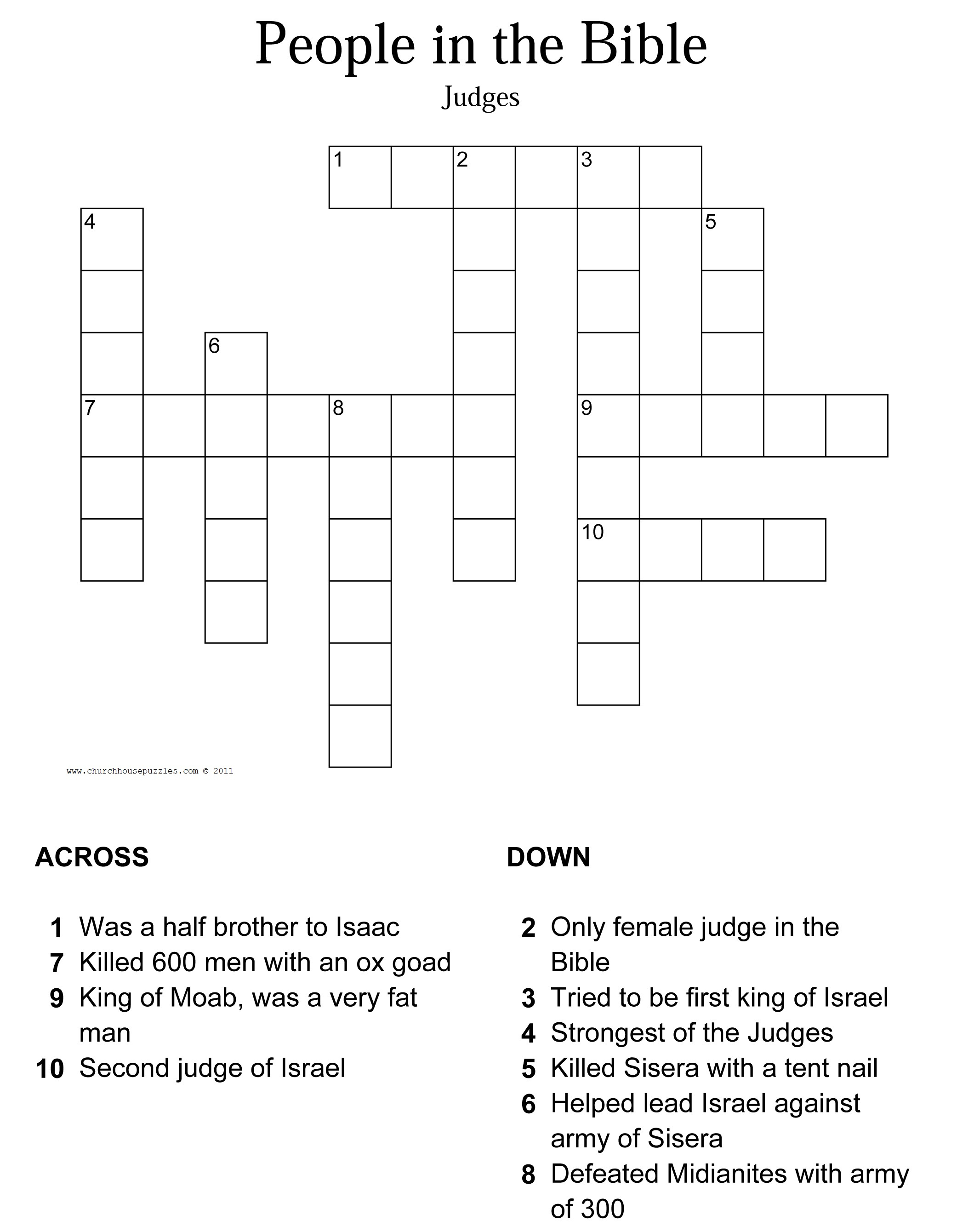 Judges Crossword Puzzle - Printable Biblical Puzzles