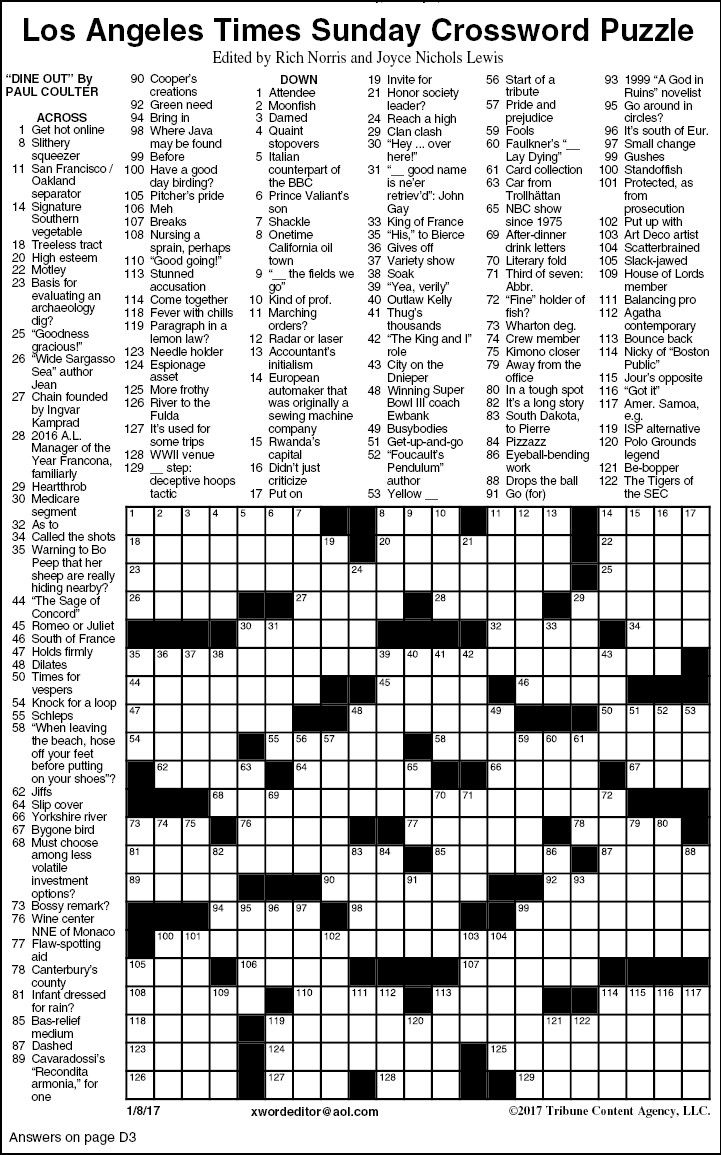 Los Angeles Times Sunday Crossword Puzzle | Features | Timesargus - Los Angeles Times Crossword Puzzle Printable