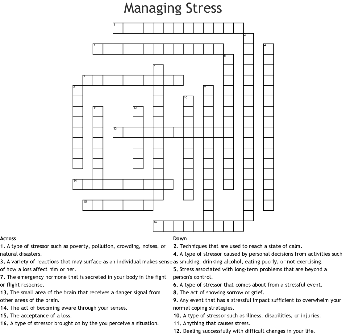 Managing Stress Crossword - Wordmint - Printable Stress Management Crossword Puzzle