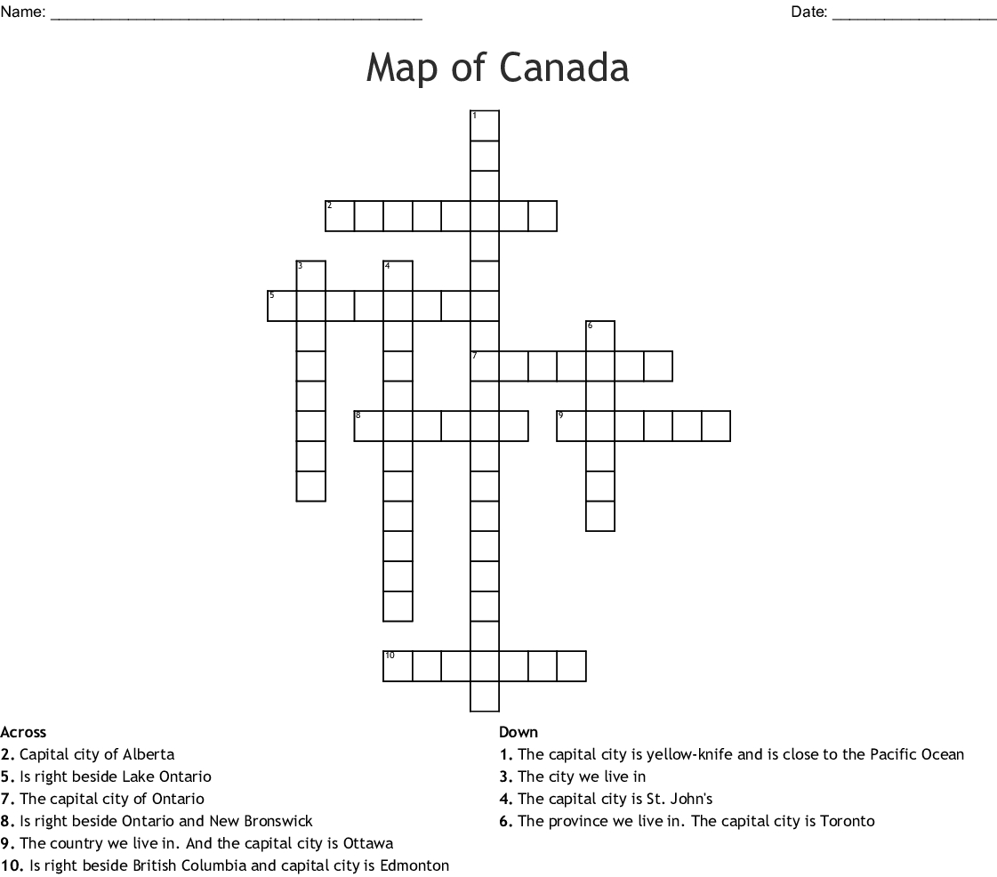 Map Of Canada Crossword - Wordmint - Printable Canadian Crossword