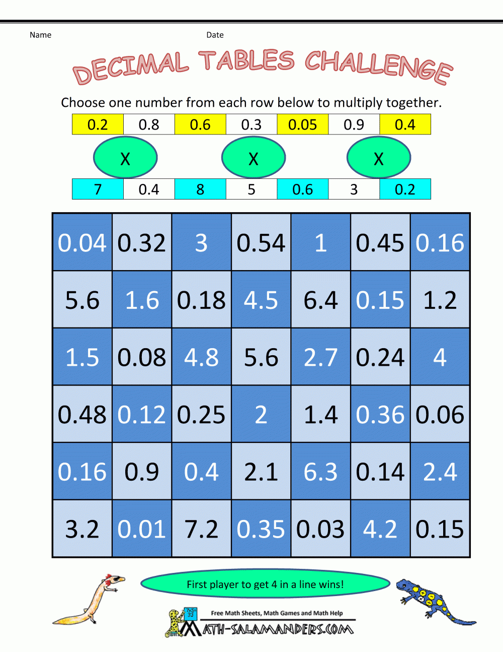 Math Multiplication Games Decimal Tables Challenge | Math | Math - Printable Yohaku Puzzles