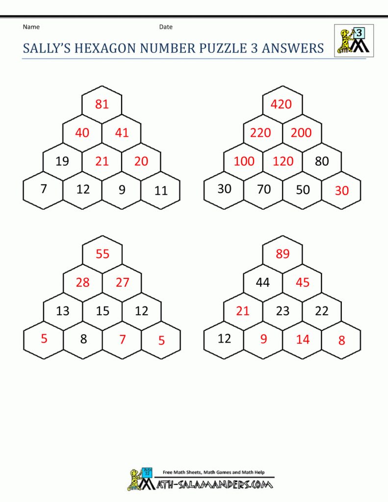 Math Puzzle Worksheets 3Rd Grade Printable Hexagon