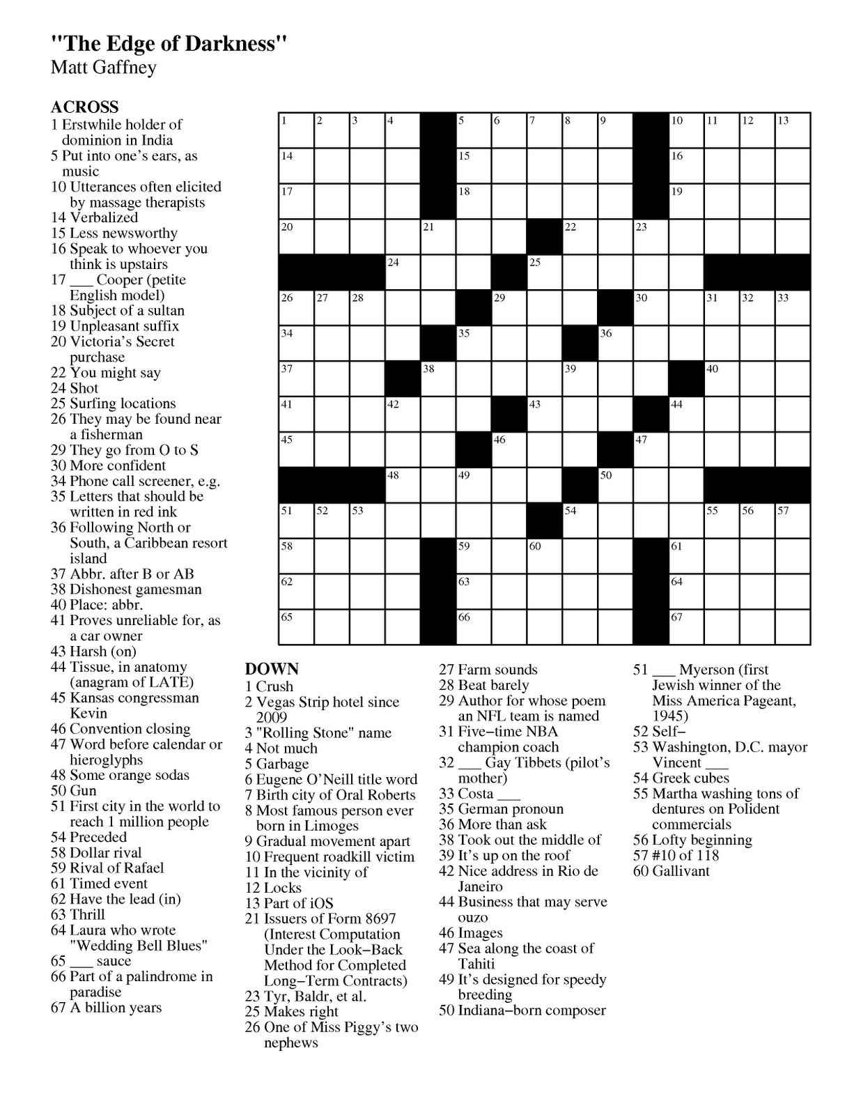 Matt Gaffney&amp;#039;s Weekly Crossword Contest: 2011 - Printable Crossword Puzzles Tv Shows