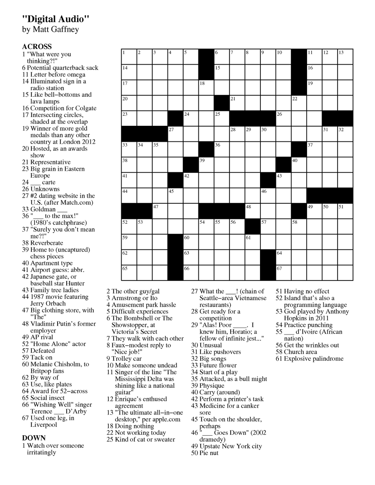 Matt Gaffney&amp;#039;s Weekly Crossword Contest: 2012 - Dell Printable Crossword Puzzles