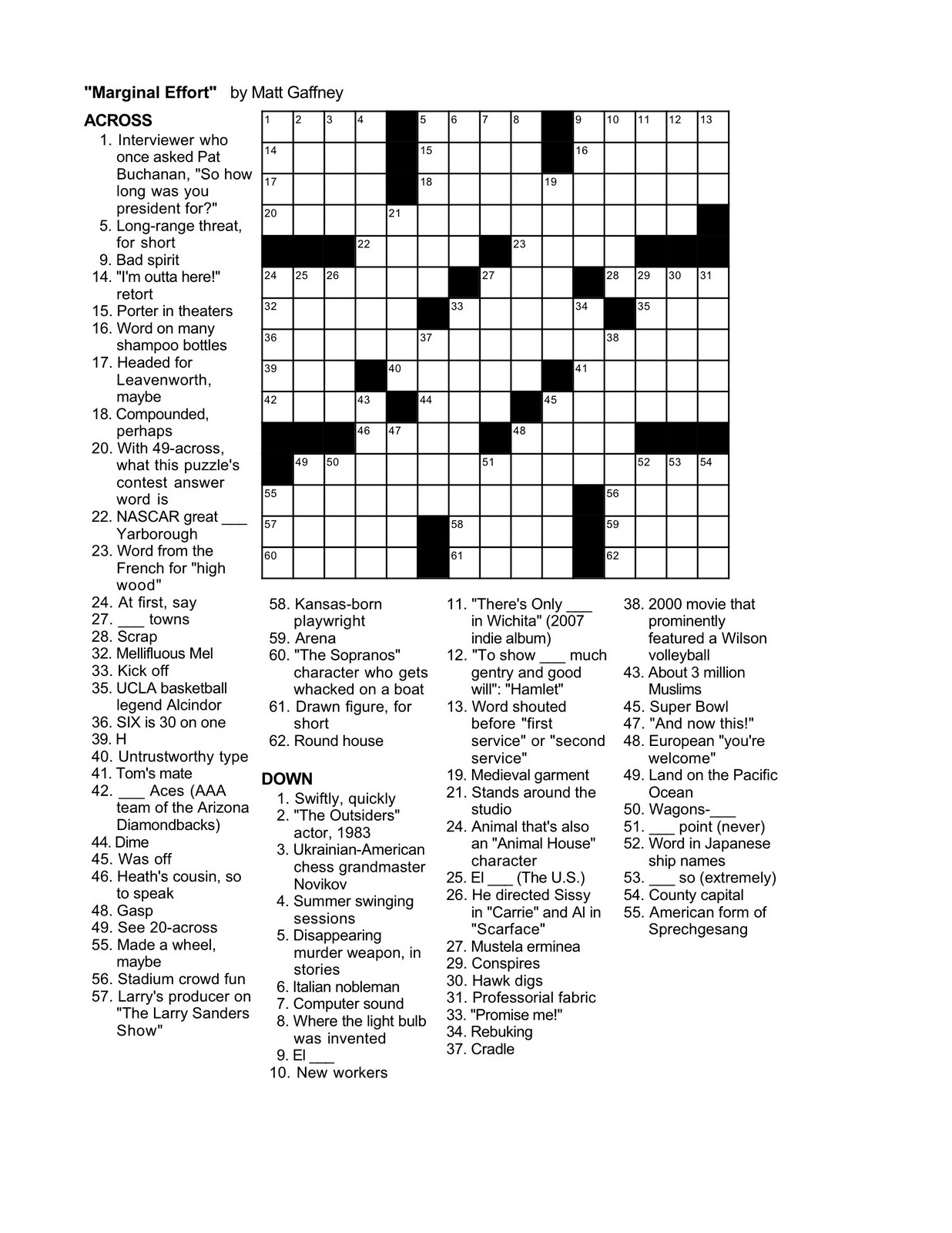 Matt Gaffney&amp;#039;s Weekly Crossword Contest: May 2011 - Printable North Of 49 Crossword Puzzles