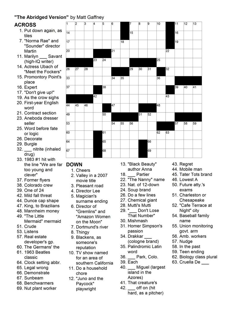 Matt Gaffney&amp;#039;s Weekly Crossword Contest: November 2010 - Printable November Crossword Puzzles