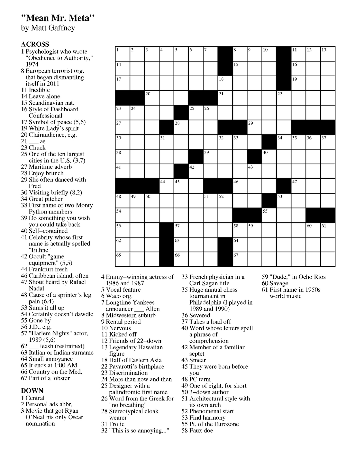 Matt Gaffney&amp;#039;s Weekly Crossword Contest: September 2011 - Beatles Crossword Puzzles Printable