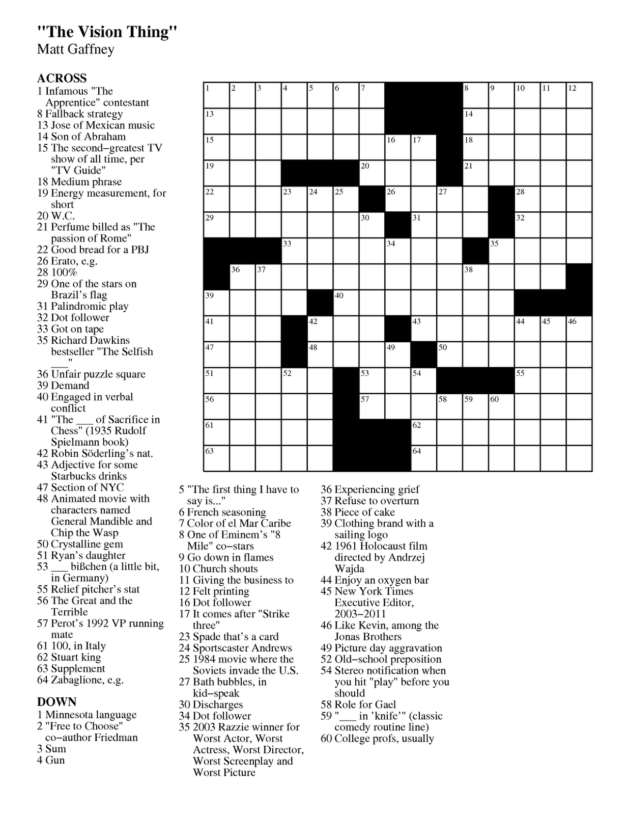 Matt Gaffney&amp;#039;s Weekly Crossword Contest: September 2011 - Printable Crossword Puzzles 2011