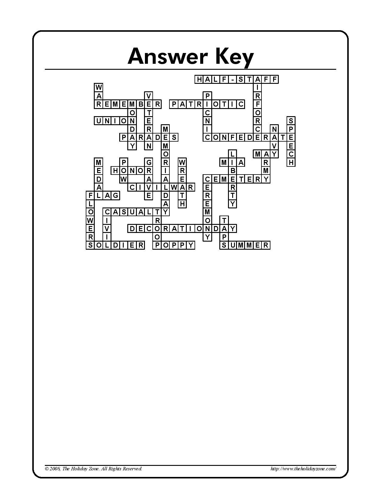 Memorial Day Crossword Puzzle Answer Sheet | Holiday Classroom - Memorial Day Crossword Puzzle Printable