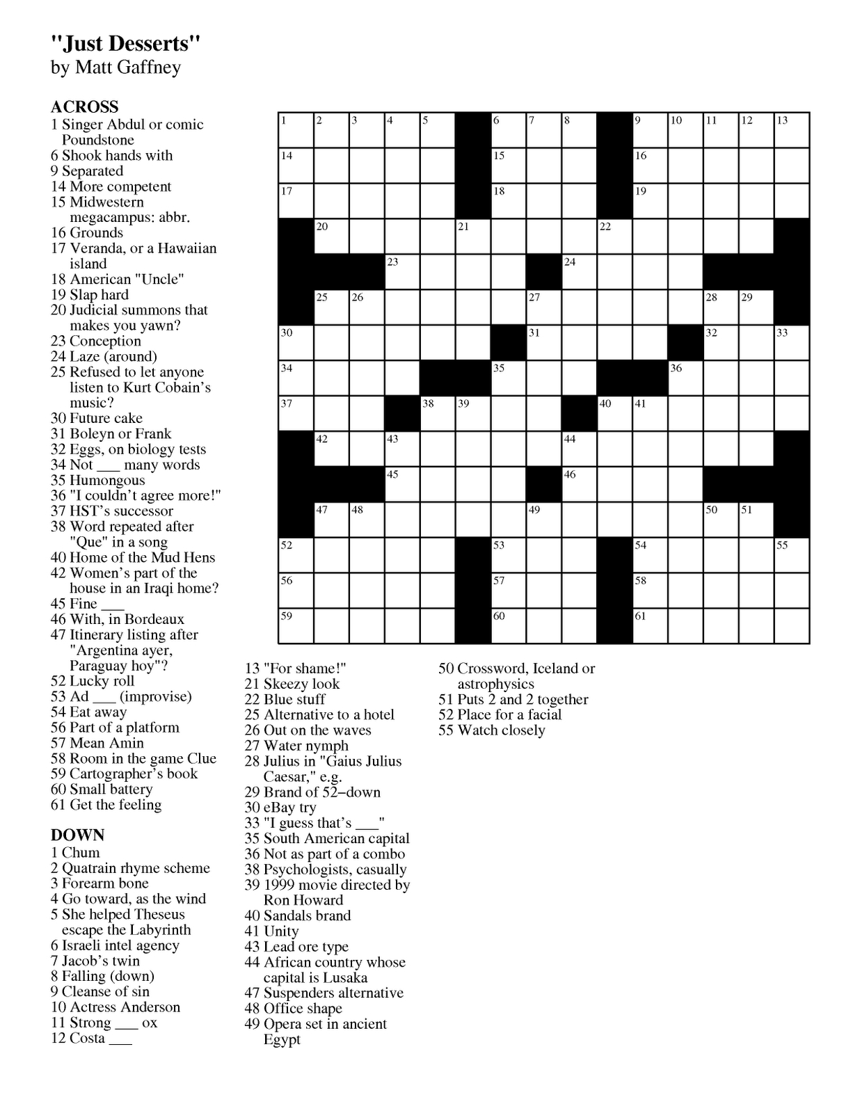 Mgwcc #188 — Friday, January 6Th, 2012 — “Just Desserts” | Matt - Printable Crossword Puzzles Merl Reagle