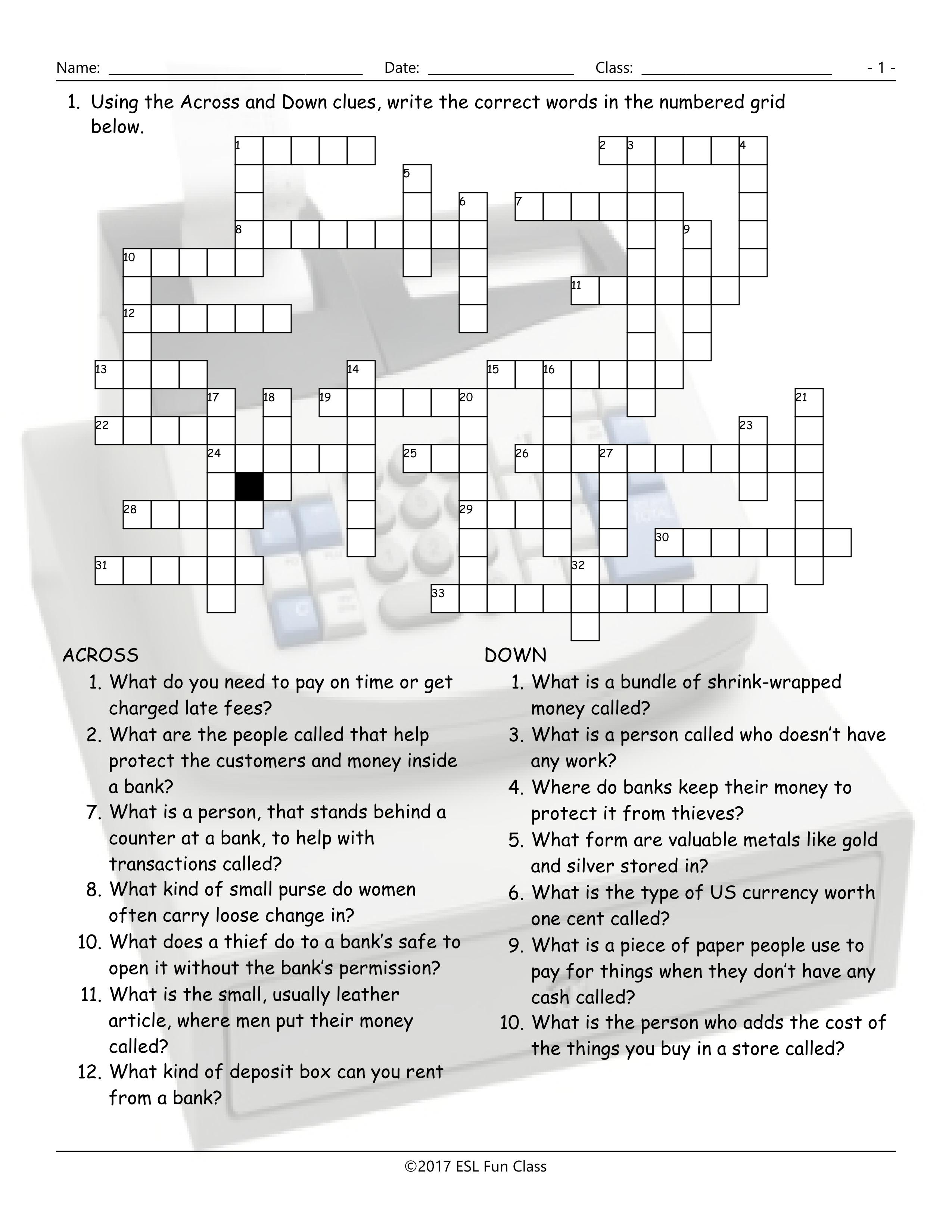 Money-Banking Crossword Puzzle Worksheet-Esl Fun Games-Have Fun! - Printable Esl Crossword Puzzles